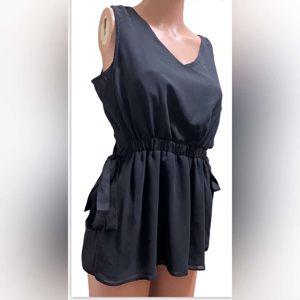 DKNY DRESSY V-NECK TANK TOP SIDES TIES ELASTIC WAIST SLEEVELESS BLACK SIZE S - Picture 3 of 10